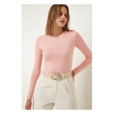 Happiness İstanbul Women's Light Pink Crew Neck Basic Viscose Knitted Blouse