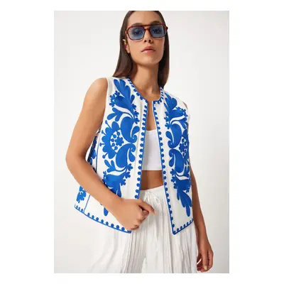 Happiness İstanbul Women's Blue White Embroidery Detailed Linen Vest