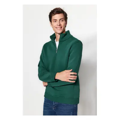 Trendyol Green Regular/Normal Cut Stand Collar Zippered Cotton Basic Fleece Sweatshirt