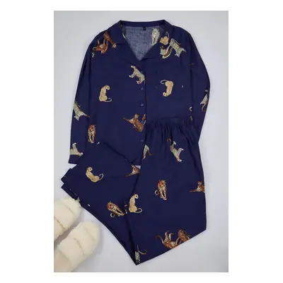 Trendyol Curve Navy Blue Tiger Pattern Shirt Collar Woven Pajama Set