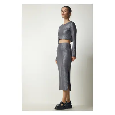 Happiness İstanbul Women's Gray Sparkly Ribbed Crop Skirt Suit