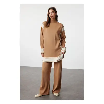 Trendyol Camel Relaxed Cut Knitwear Striped Tunic-Pants Bottom-Top Set