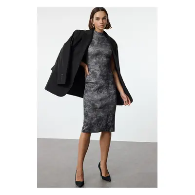 Trendyol Gray Mini Knitwear Washed Look Printed Dress