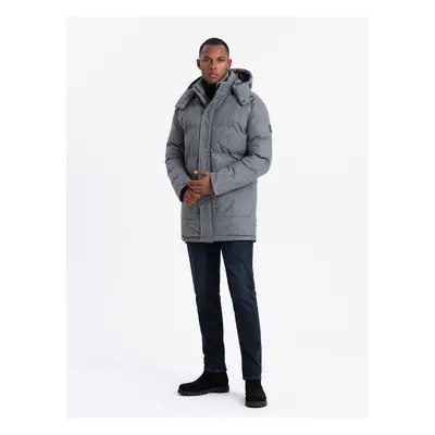 Ombre Warm long men's parka jacket with wool - grey melange