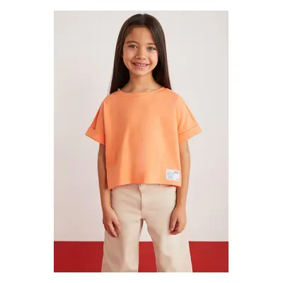 GRIMELANGE Verena Girls' 100% Cotton Double Sleeve Ornamental Label Orange T-shir