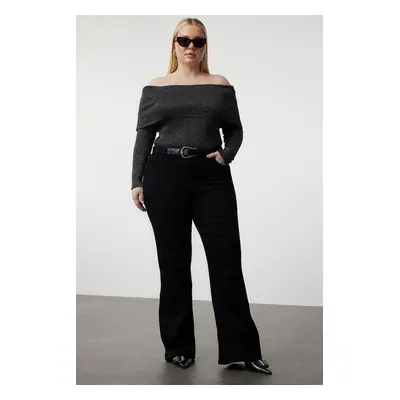 Trendyol Curve Black Lurex Corded Carmen Collar Knitwear Blouse