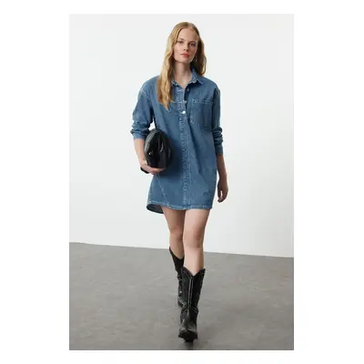 Trendyol Blue Stitch Detailed Mini Denim Shirt Dress