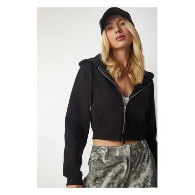 Happiness İstanbul Women's Black Hooded Zipper Crop Sweatshirt