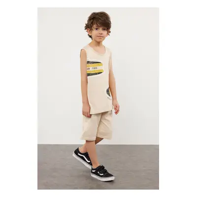 Trendyol Beige Boy Printed Sleeveless T-shirt Shorts Set Cotton Knitted Bottom-Top Set