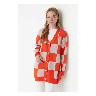 Trendyol Orange kockás mintás kötöttáru Cardigan