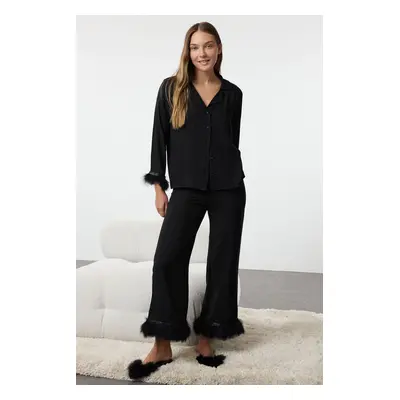 Trendyol Black Otrish Detailed Viscose Woven Pajama Set