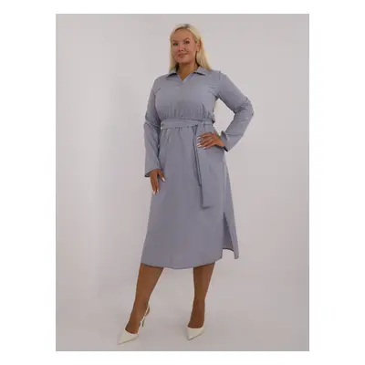 Gray cotton dress of larger size with pockets and belt