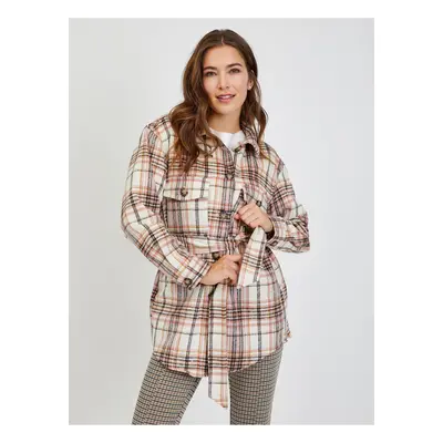 Pink-cream ladies plaid shirt jacket with tie ORSAY - Ladies