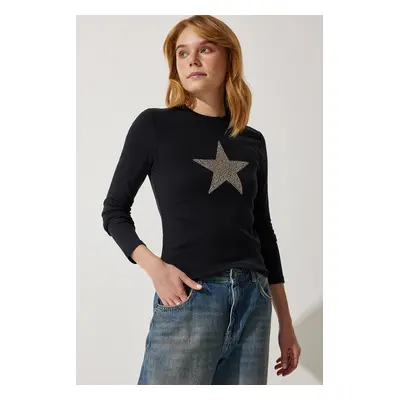 Happiness İstanbul Women's Black Star Printed Knitted Blouse