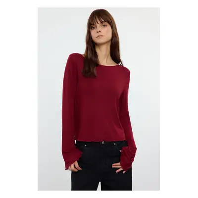 Trendyol Claret Red Boat Neck Regular Fit Crop Knitted Blouse