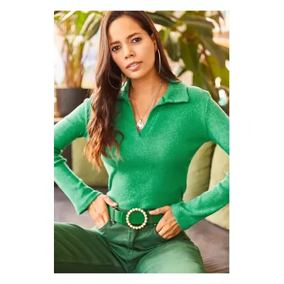 Olalook Women's Grass Green Polo Neck Raised Camisole Blouse