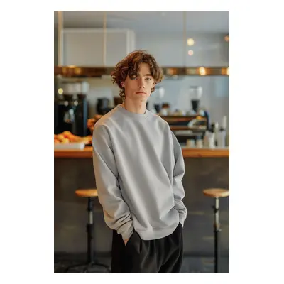 Trendyol Grey Melange Oversize/Wide Cut Cotton Basic Thick Sweatshirt with Polar Fleece Inside