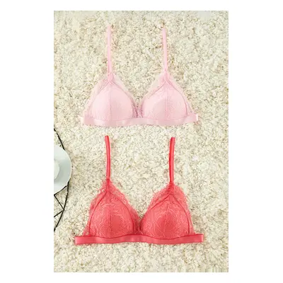 Trendyol Pink-Multicolored 2-Pack Lace Rope Strap Non-Padded Non-Wire Cup Bralette Knit Bra