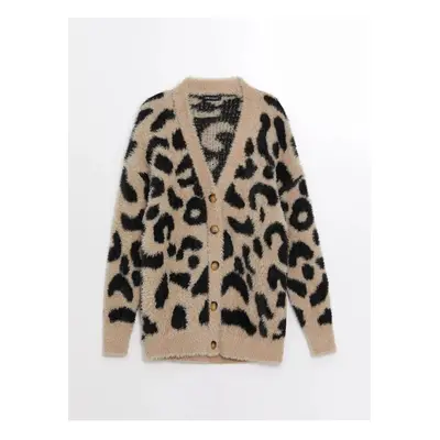 LC Waikiki LCW Modest V Neck Leopard Patterned Long Sleeve Women's Knitwear Cardigan