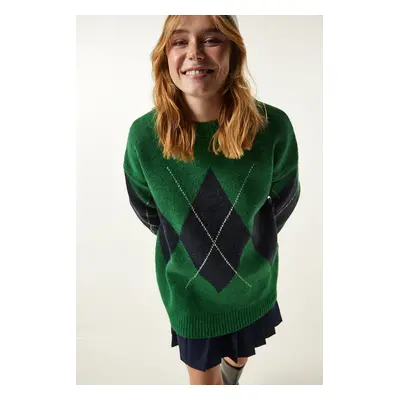 Happiness İstanbul Green Premium Diamond Pattern Oversize Knitwear Sweater