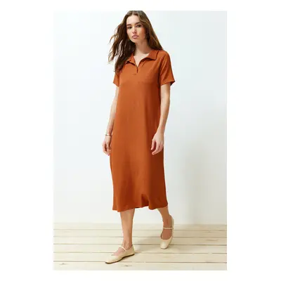 Trendyol Cinnamon Polo Neck Short Sleeve Twisted/Textured Knitted Midi Dress