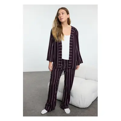 Trendyol Dark Plum 3-Pack Striped Rope Strap Viscose Woven Pajamas Set