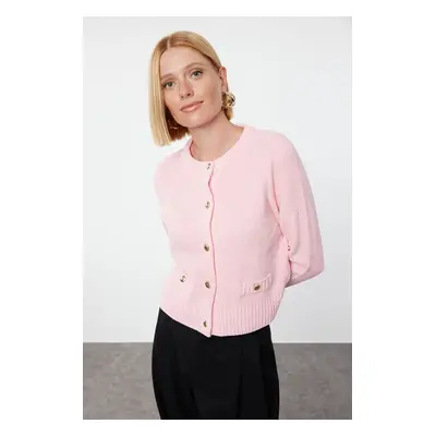 Trendyol Pink Crop Premium Yarn/Special Yarn Pocket Detailed Jacket-Look Knitwear Cardigan