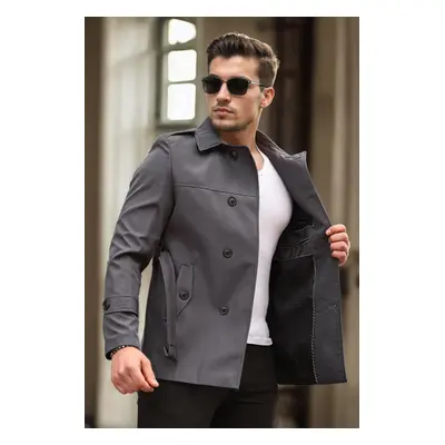 23058 Dewberry Lined Belted Double Breasted Mens Trenchcoat-GREY