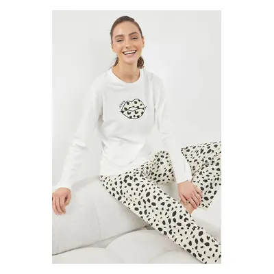 Trendyol White-Multicolored 100% Cotton Lip and Leopard Patterned Knitted Pajama Set