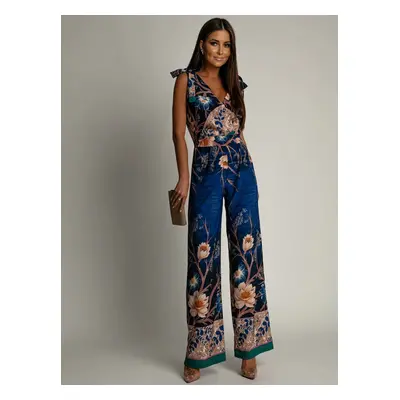 Patterned women's jumpsuit with wide leg cornflower