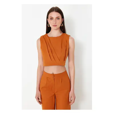 Trendyol Light Brown Crew Neck Crop Woven Blouse