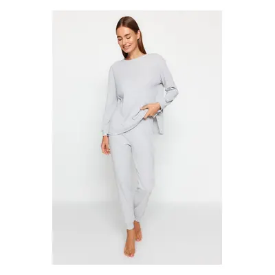 Trendyol Gray Cotton Ribbed Wide Pattern Knitted Pajama Set