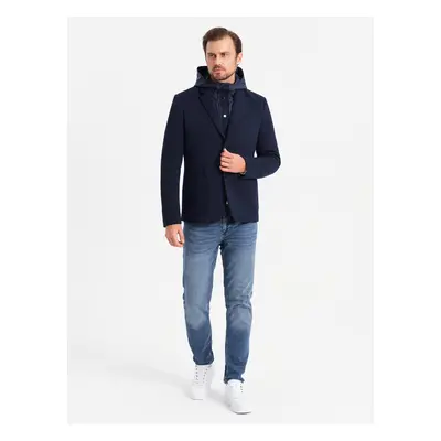 Ombre Men's jacket with hooded lining and high collar - navy blue