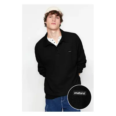 Trendyol Black Men's Oversize/Wide Cut Labeled Textured Cotton Polo Neck Sweatshirt