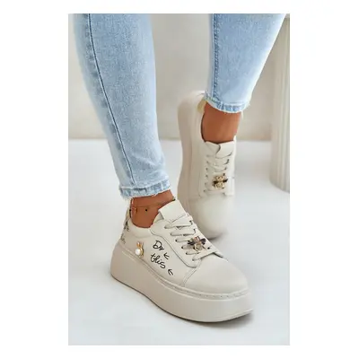 Women's Leather Platform Sneakers With Badges And Vinceza Beige Inscription