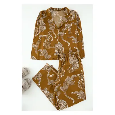 Trendyol Curve Brown Shirt Collar Shirt Collar Tiger Patterned Woven Pajama Set