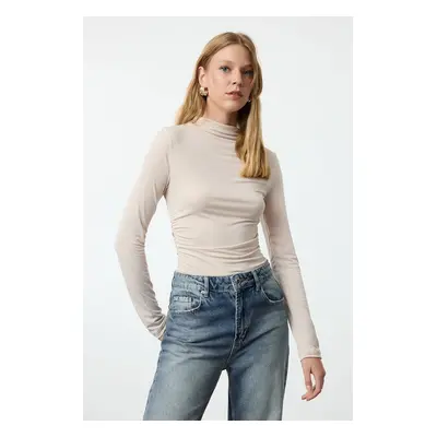 Trendyol Stone Gather Detailed High Collar Fitted/Long Sleeve Fitted Stretchy Knitted Blouse