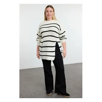 Trendyol Curve Ecru Striped Slit Long Knit Sweater