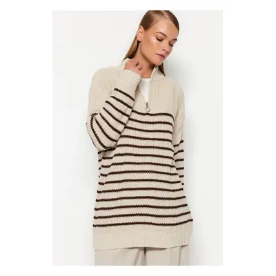 Trendyol Stone Striped Zipper Detailed Knitwear Sweater