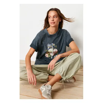 Trendyol Anthracite 100% Cotton Printed and Faded Effect Oversize/Wide Pattern Knitted T-Shirt