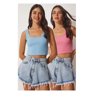 Happiness İstanbul Women's Sky Blue Pink Strappy Crop 2-Pack Knitted Blouse