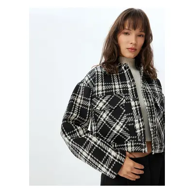 Koton Buttoned Tweed Bomber Jacket with Flap Pocket Detail