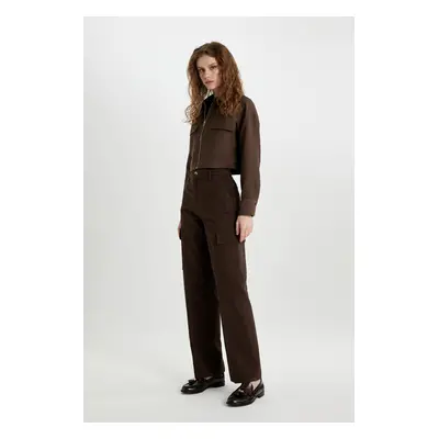 DEFACTO Wide Leg Wide Leg Cargo Pocket High Waist Basic Plain Long Length Gabardine Trousers