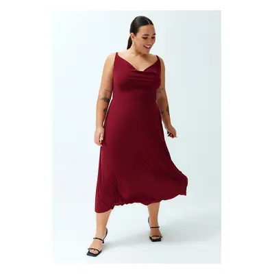 Trendyol Curve Burgundy Degajee Collar Knitted Dress