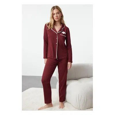 Trendyol Dark Burgundy Cotton Panda Printed Knitted Pajama Set