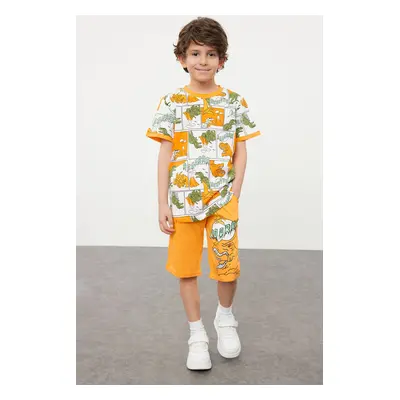 Trendyol Orange Boy Dinosaur Patterned T-shirt-Shorts Knitted Bottom-Top Set