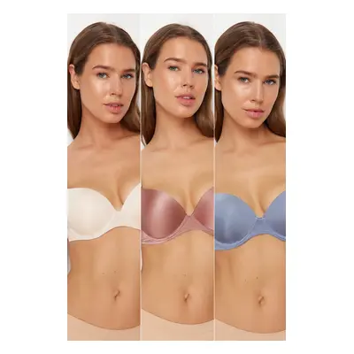 Trendyol Brown-Multicolored 3-Pack Polyamide String Strap Push Up T-Shirt Bra Knitted Bra