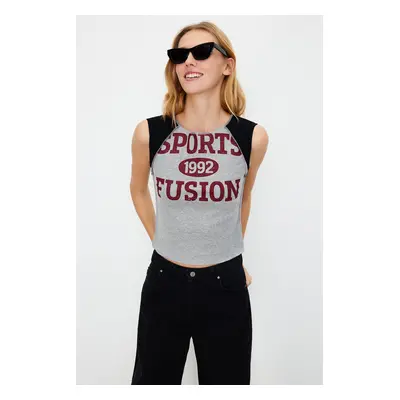 Trendyol Gray Melange Color Blocked Slogan Printed Fitted Crop Knitted T-Shirt