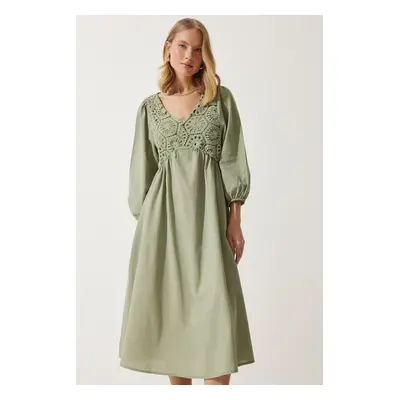 Happiness İstanbul Women's Khaki Guipure Detailed Summer Linen Dress