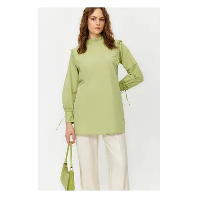 Trendyol Green Ruffled Shoulder and Cuff Woven Cotton Tunic